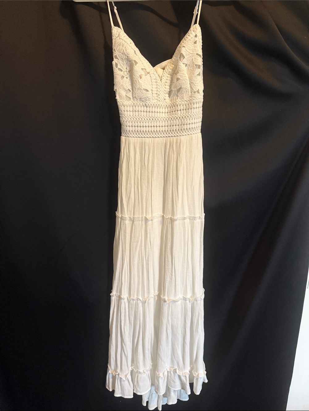 White Crochet Bodice Tiered Maxi Dress with Spaghetti Straps